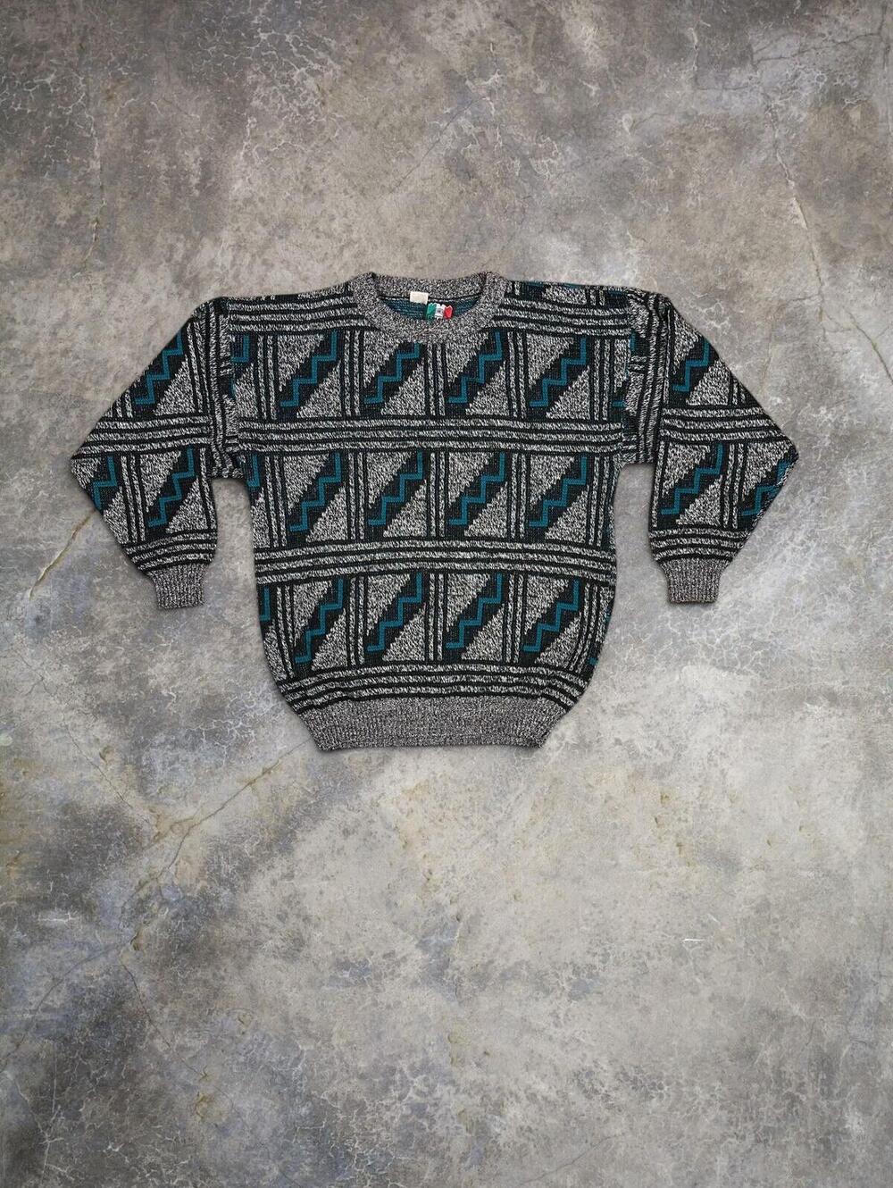 Vintage Italian 90's Aztec Pattern Wool Sweater Blue Grey Geometric Y2K Men's M
